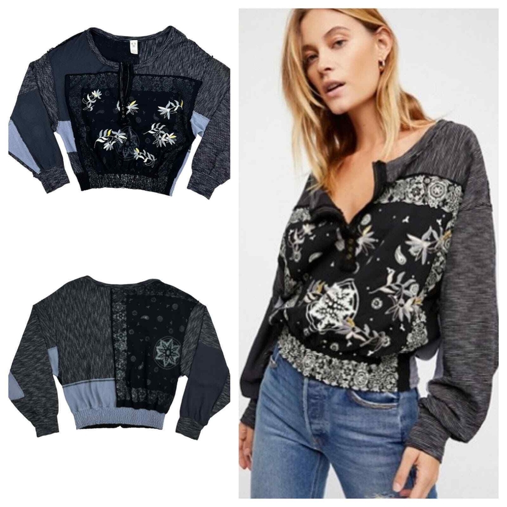 Free People Black and Gray Floral Blouse